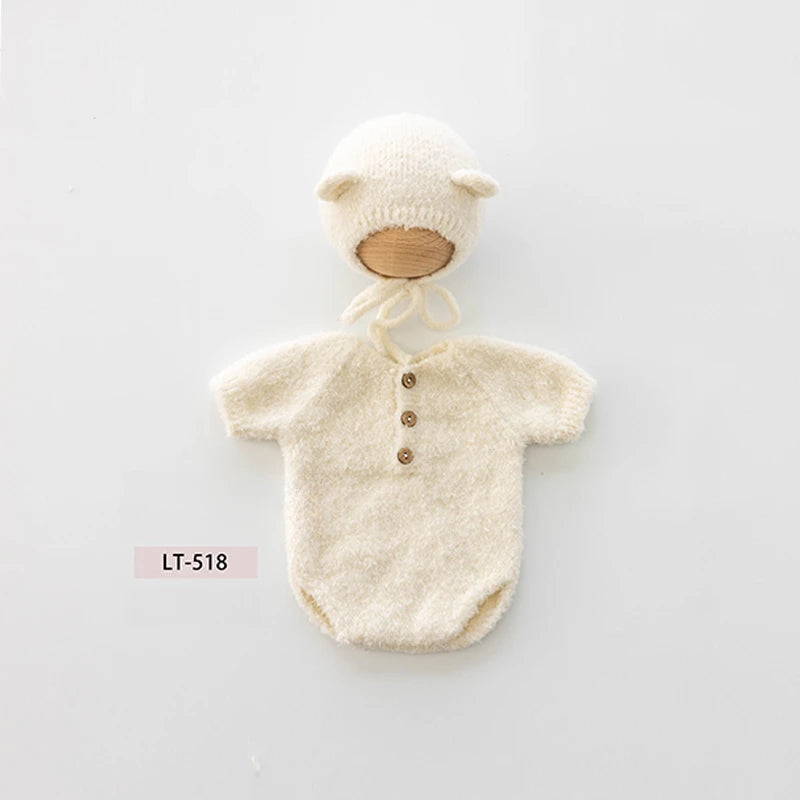 Newborn Photography Props Handmade Knitted Bear Clothes Costume Bodysuit with Hat and Cute Doll Set for Baby Studio Photo Shoot