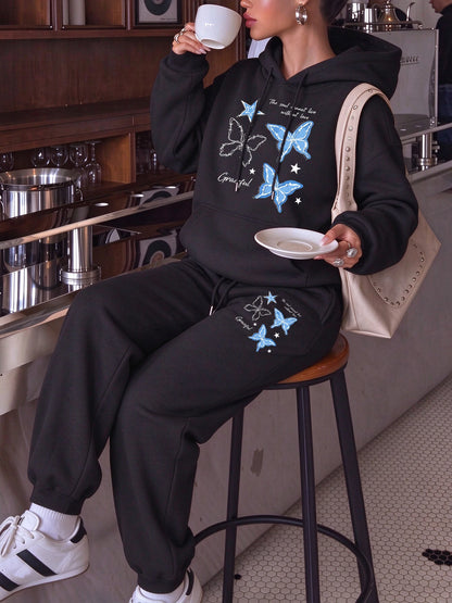 Blue Butterfly Star Printed Womens Pocket Jogging Hoodie Set Street Loose Sweatpants Fleece Casual Clothing Sports Pullover