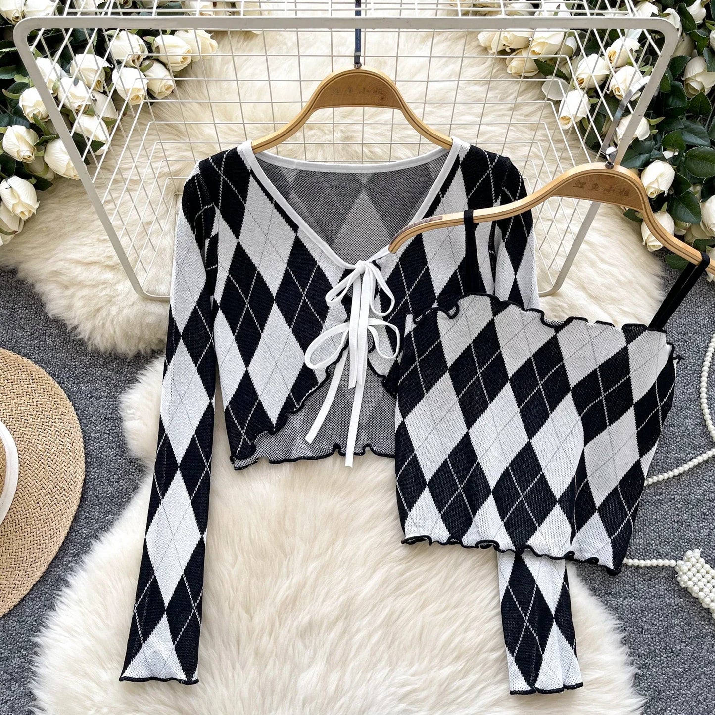 Women Cropped Sweaters 2 Pcs Set Chic Tube Top+Cardigan Coat Streetwear Harajuku Y2k Clothes Autumn knit cardigan crop top