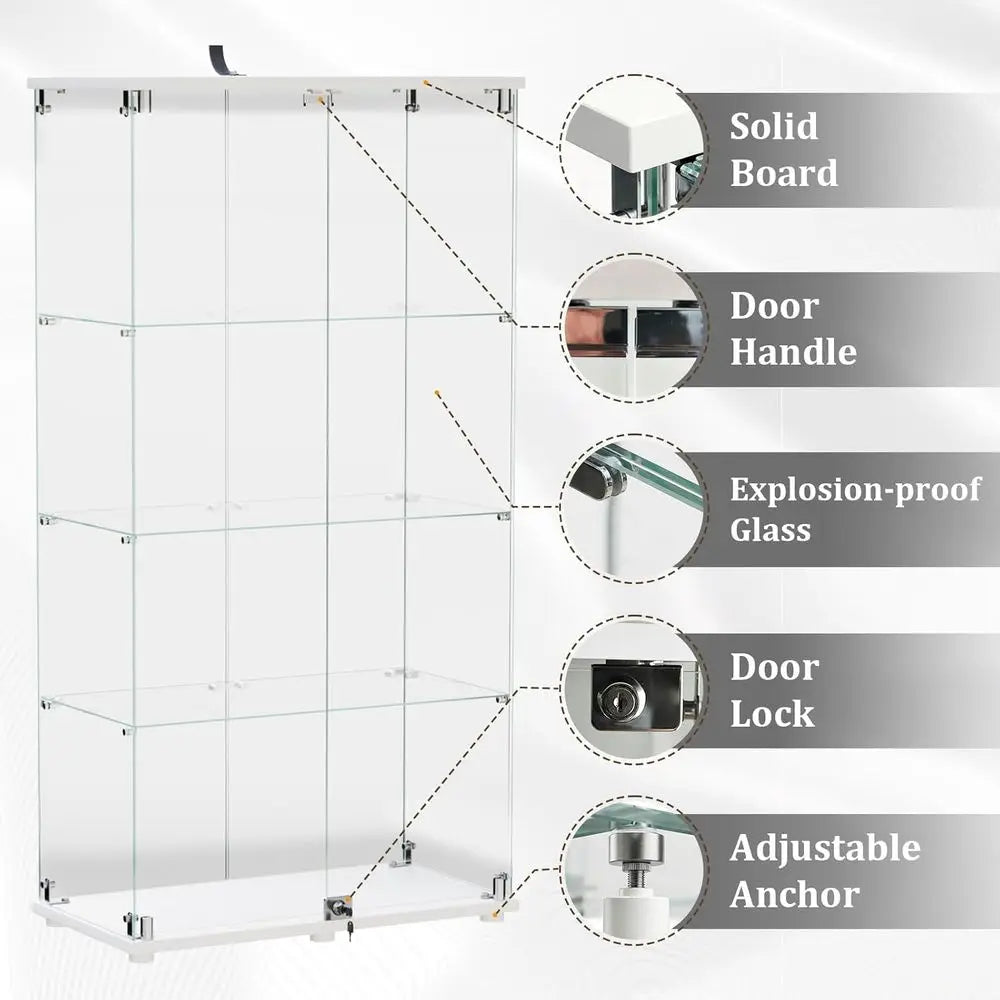 Tempered Glass Display Cabinet, 4-Tier Curio Cabinet with Glass Doand Lock, Glass Display Case or Collectibles, or Living Room,