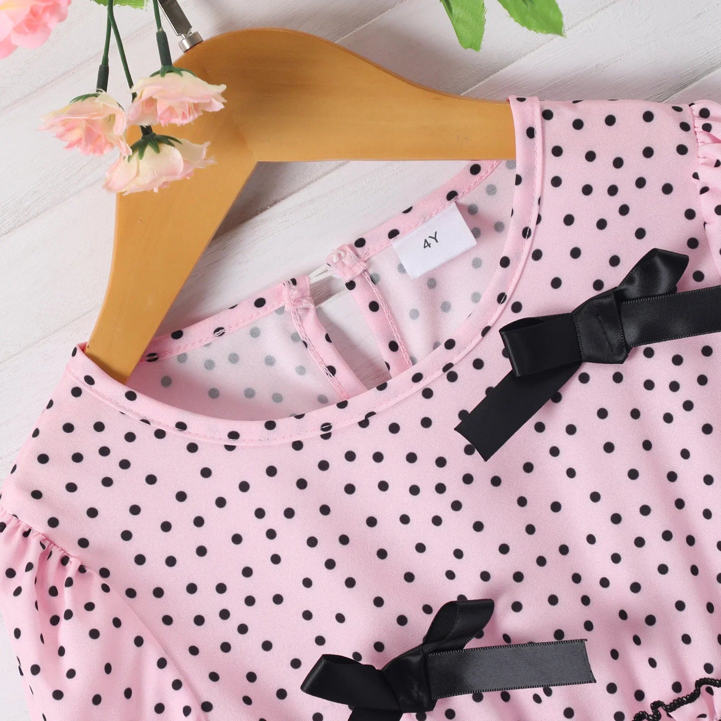 2025 KIds Dress Girl Clothes Pink Spotted Bow Tie Party Children Dresses Autumn Long Sleeve Rural Retro Girls Dress 2-7 Yrs