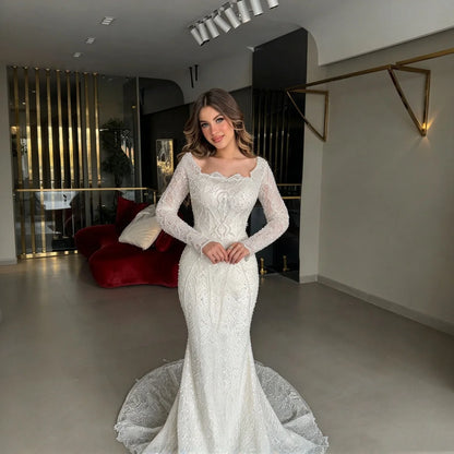 Luxury Mermaid Wedding Dress Detachable Overskirt Long Sleeve Off Shoulder Beaded Lace Bridal Gown Custom Wedding Robe For Bride