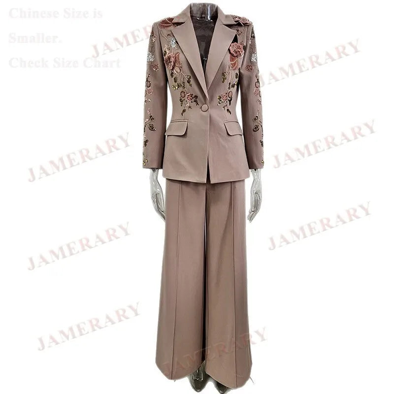 Autumn Luxury Two Piece Set Women Blazers Suit Coats Beaded 3D Flower Jacket Long Wide-Leg Pants Suits Crystal Formal Outfits