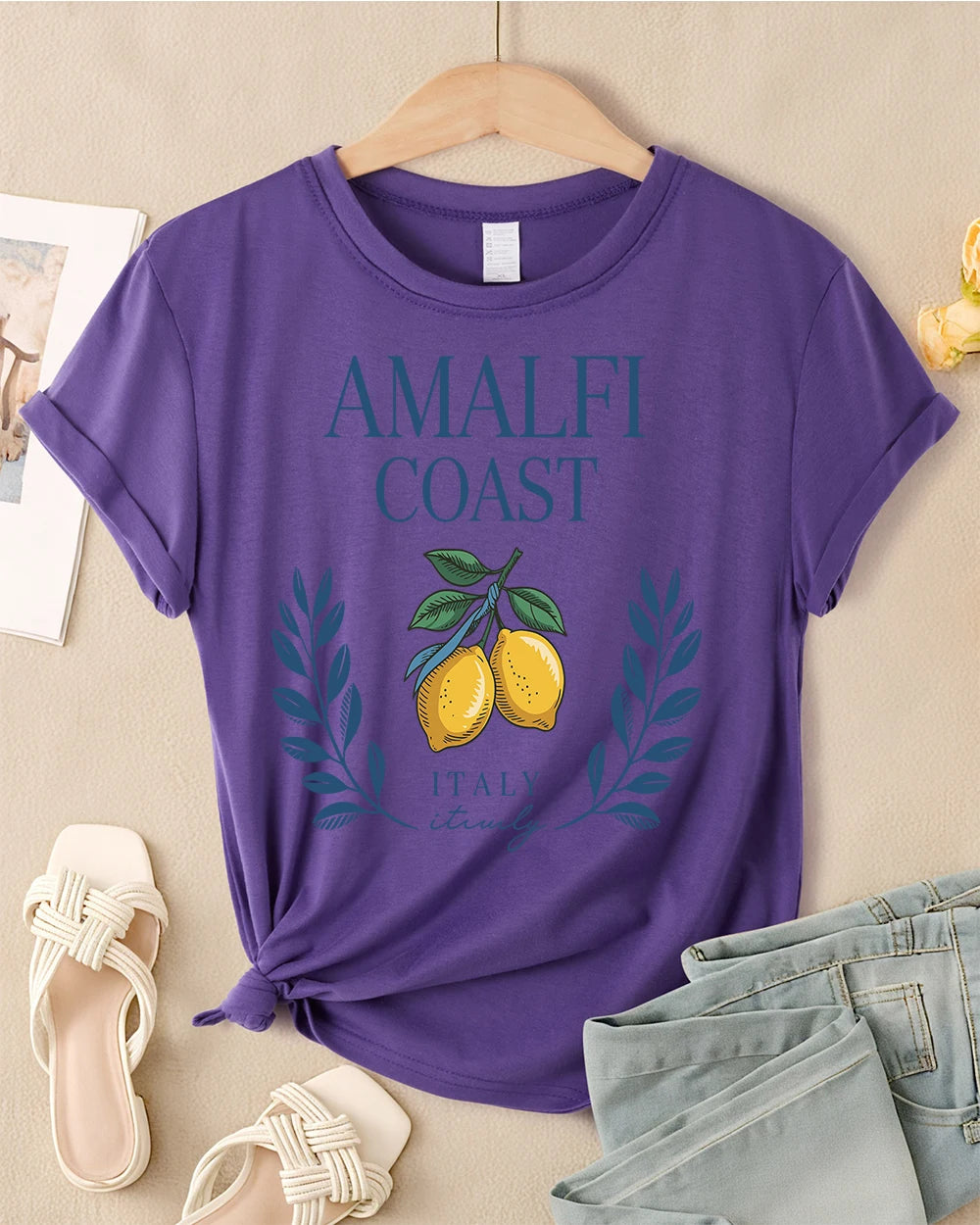 Amalfi Coast Lemon From Italy Printing Retro T-Shirts Women Breathable O-Neck Tee All-Match Soft Top Casual Female Short Sleeve