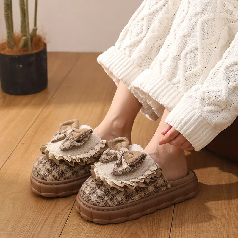 Women Winter Fashion Butterfly-Knot House Slippers Ladies Warm Flat Casual Shoes Female Soft Outdoor Versatile Bow Footwear