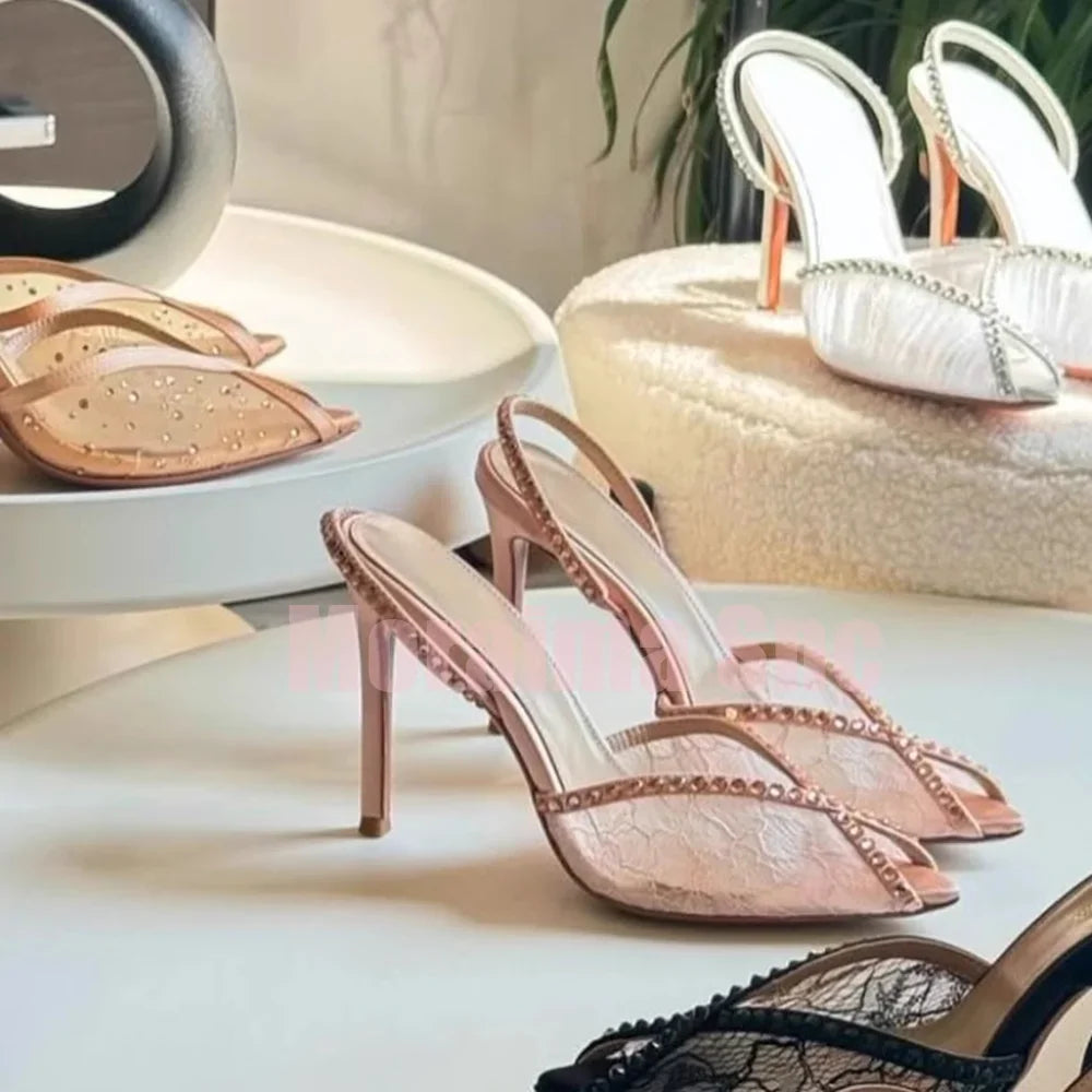 Sexy Crystal Mesh Pointed Toe Sandals Slingback Stiletto High Heel Slip On Fashion Women's Summer Shoes Banquet Party 2025 New