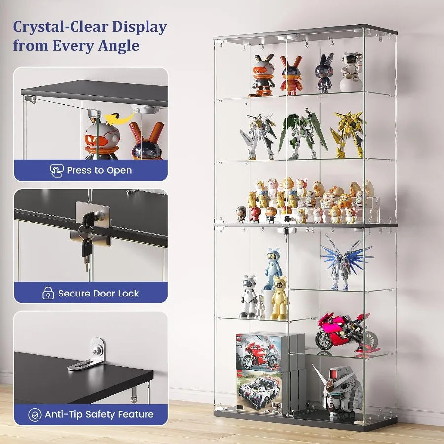 Full Glass Display Cabinet for Collectibles: Tempered Glass, Black, RGB Lights with Adjustable Brightness