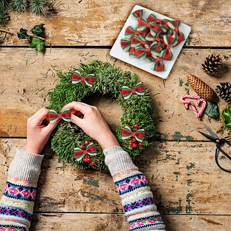 30Pcs Christmas Mini Bow Knot Xmas Tree Ornaments DIY Wreath Craft Girls Hair Accessories 2025 New Year Gift Wrapping Decoration