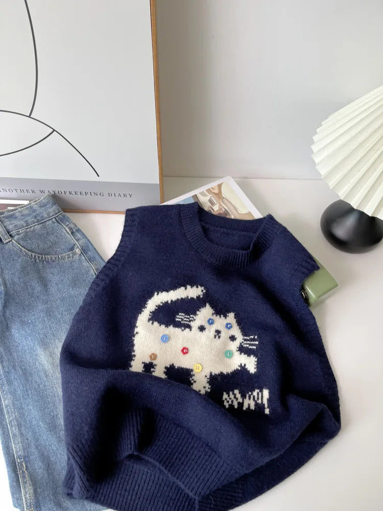 Korean Cute Cat Knitted Sweater Vest For Women 2025 New Colorful Buttons Round Neck Knitwear Loose Casual Versatile Pullovers