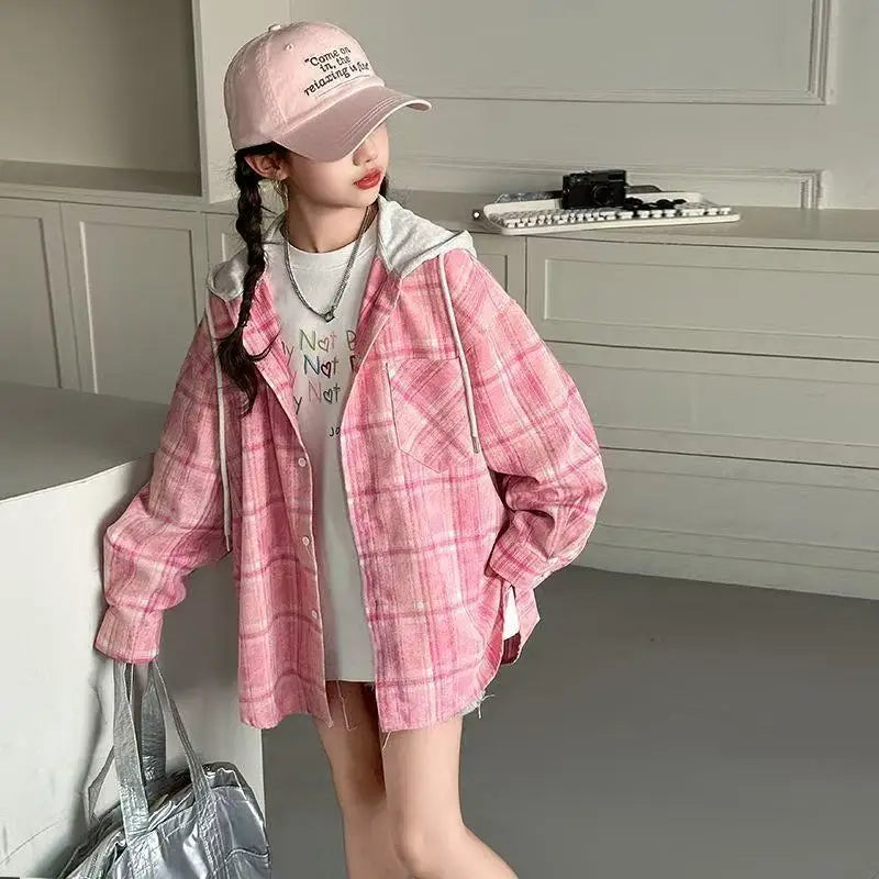 Sweet Students Girls Pink Plaid Shirt Jackets Hooded Coats Single-breasted Loose Oversize Outerwear Harajuku Korean Trendy Tops