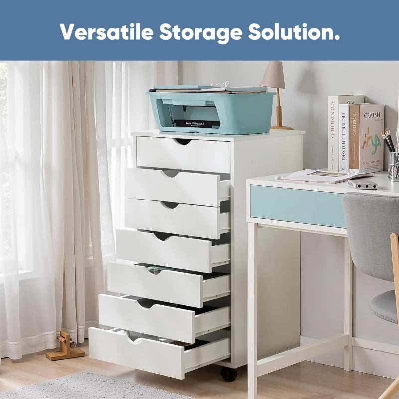 7 Drawer Mobile File Cabinet Under Desk Storage Organization with Wheels Vertical Filing Chest Rolling Wood Small Desk Pr