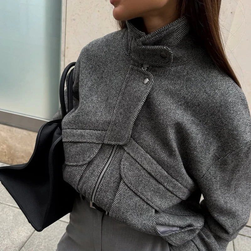 TARUXY Fashion Zipper Pocket Jacket Women Lapel Solid Vintage Casual Buttons Long Sleeve Loose Coat 2025 Autumn Female Outwears