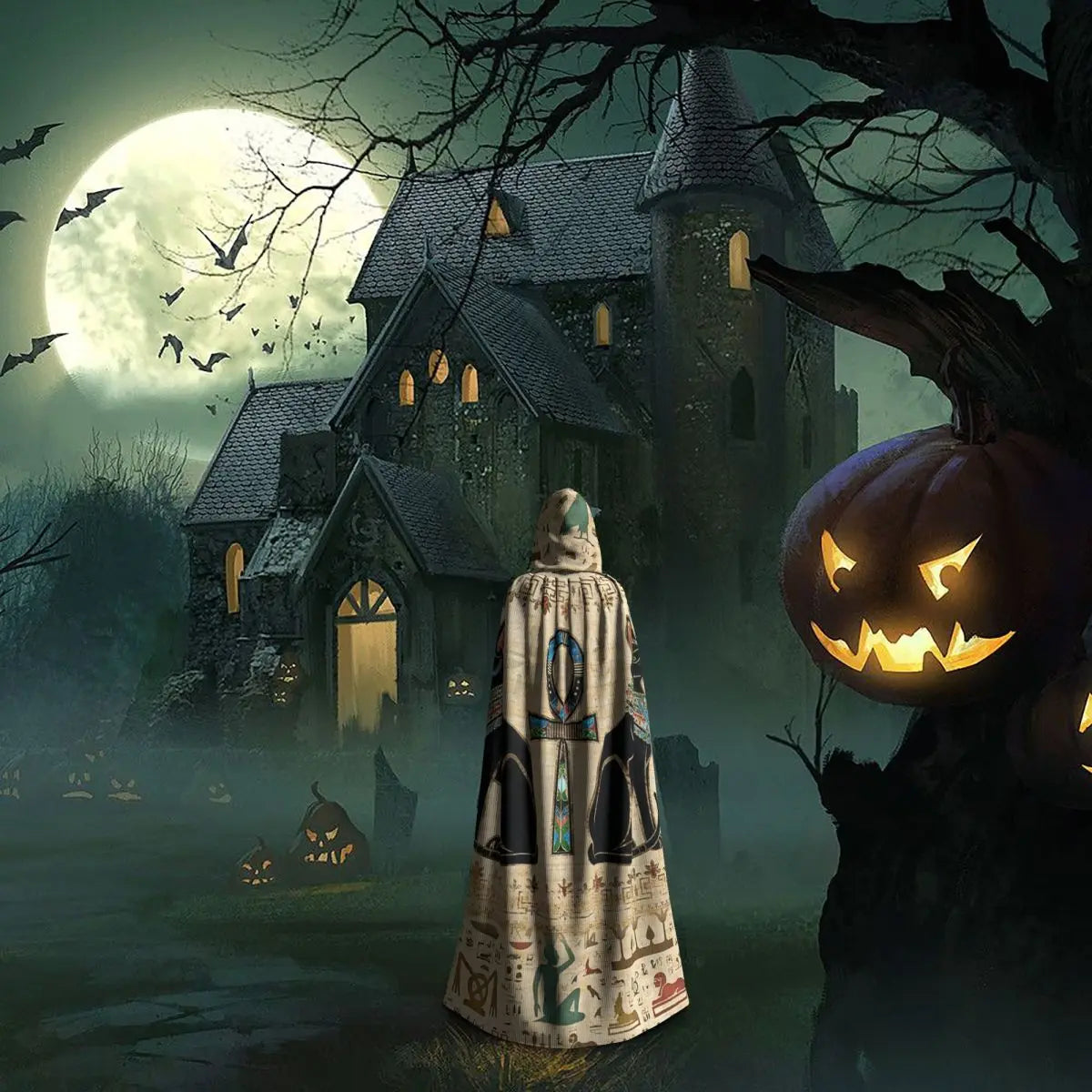 Egyptian Cats And Ankh Cross Long Hooded Cloak Witch Medieval Costume Cosplay Cape HalloweenCoat Adult Unisex