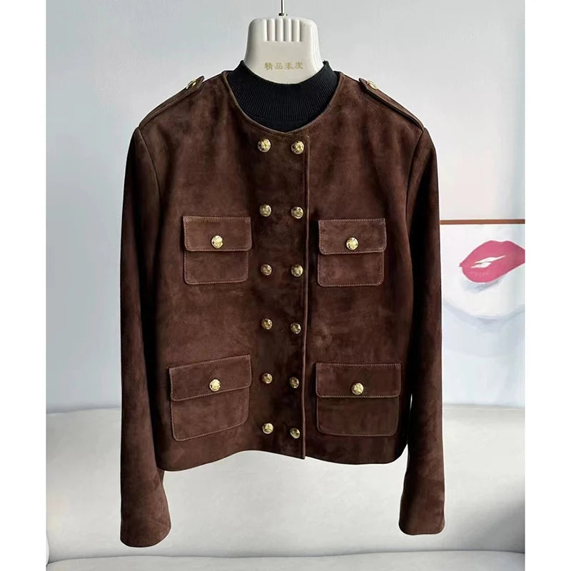 Coffee Vintage Cow Suede Jacket Spring Autumn Women Double Breasted O-Neck Straight Loose Short Leather Coats Jaqueta Feminina
