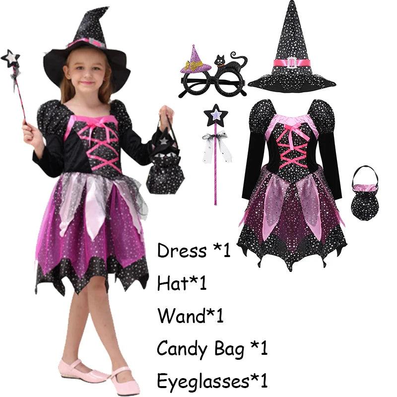 2025 Halloween Baby Girls Witch Dress+Hat+Wand+Candy Bag Costume for Kids Carnival Party Evil Witch Vestidos Set 2-12Yrs Clothes