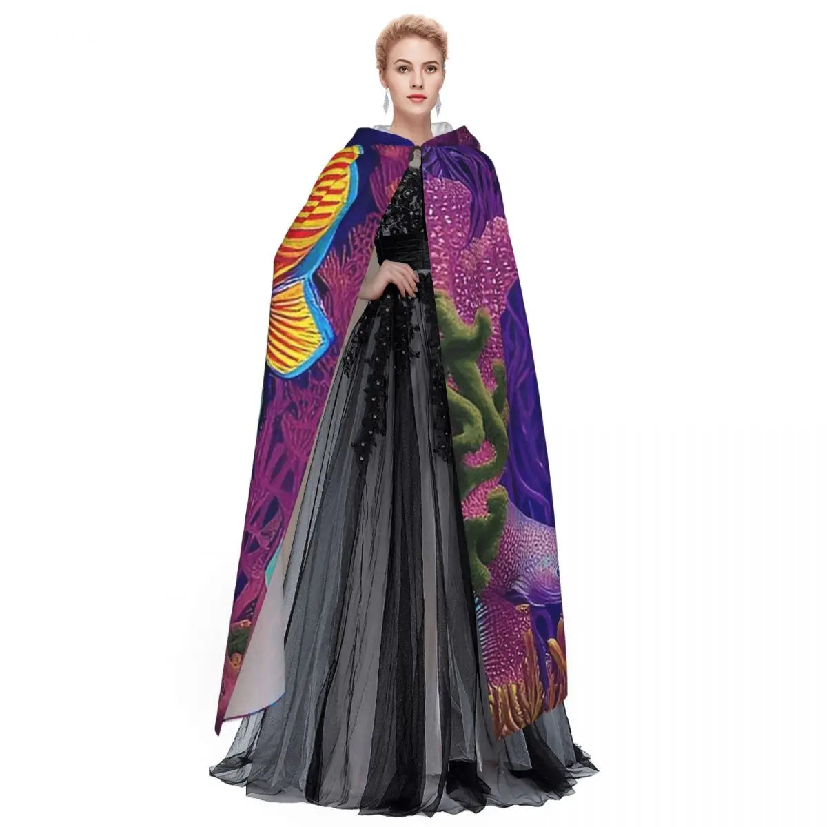 Colorful Fish In The Ocean Tropical Fish Long Hooded Cloak Witch Medieval Costume Cosplay Cape HalloweenCoat Adult Unisex