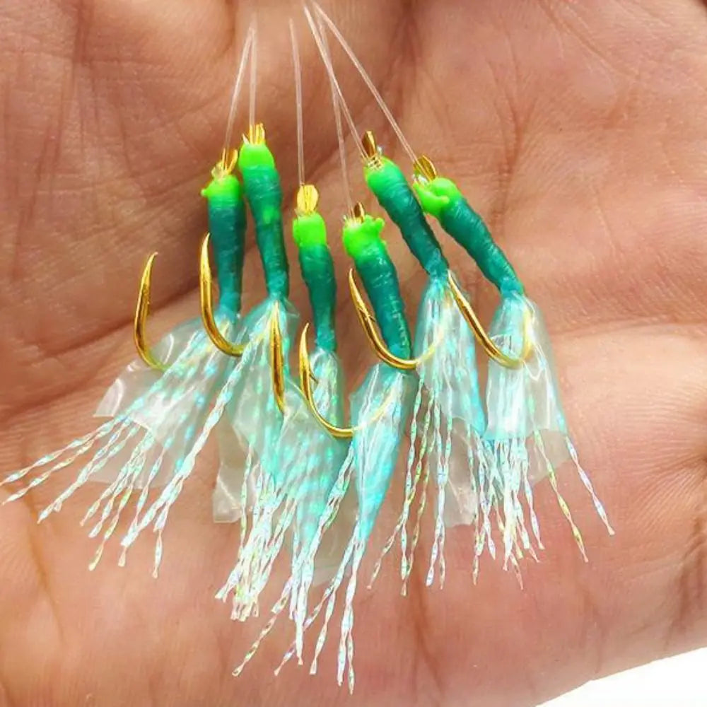 Fishing Lures Rubber Green Rubber Lures Golden Hook Sabiki Sea Fishing Rigs Lures Green Golden Tied Hooks Sea Fishing