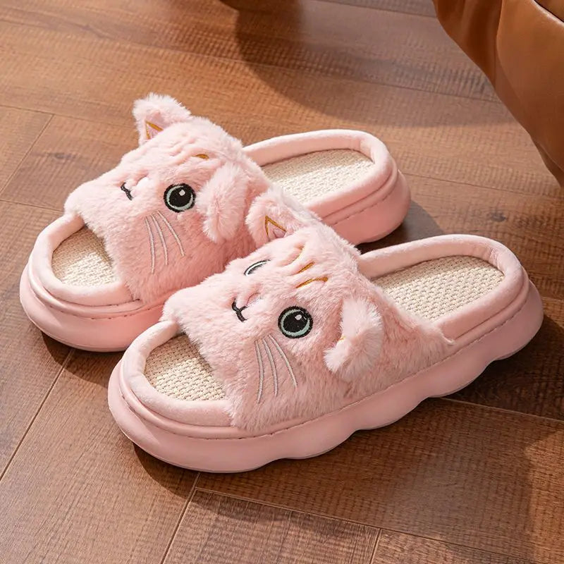 Open Toe Plush Shoes for Women Men Couples Cat Slippers Cute Stereoscopic Kitten Shoes Breathable Linen Slipper