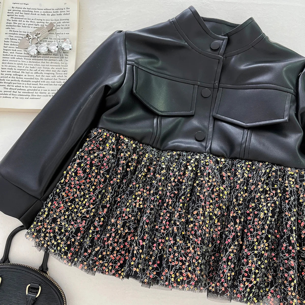 Spring and Autumn Girls Leather Jacket 2025 New Mesh Splicing Top Korean Baby Girls Temperament PU Jacket