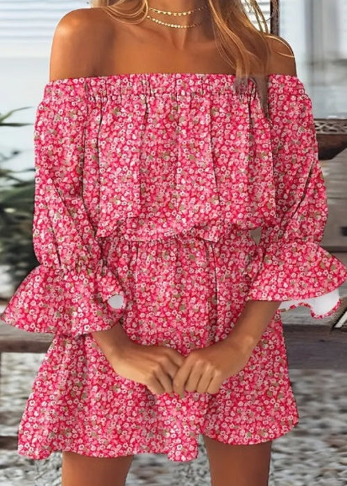 Boho Leaf Graphic Print Off Shoulder Dress, Sexy Backless Ruffle