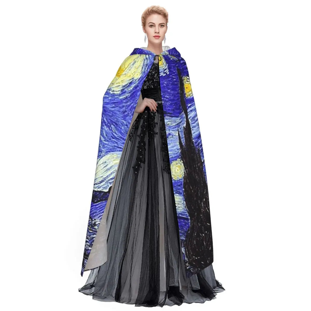 A Starry Night Van Gogh Mountain Inspiration Long Hooded Cloak Witch Medieval Costume Cosplay Cape HalloweenParty Adult Unisex
