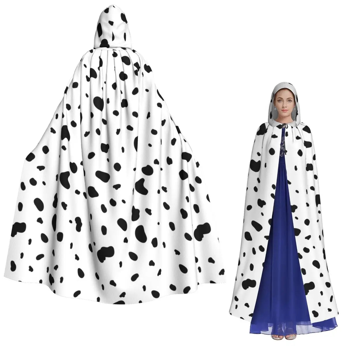 Dalmatian White And Black Dalmatian Dog Print Long Hooded Cloak Witch Medieval Costume Cosplay Cape HalloweenParty Adult Unisex