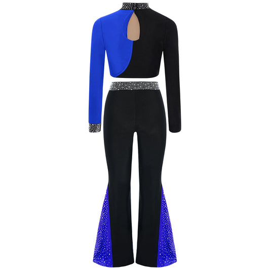 Kids Girls Lyrical Jazz Dance Costume Figure Skating Gymnastics Dancewear Long Sleeve Color Block Crop Top+Bell-Bottomed Pants