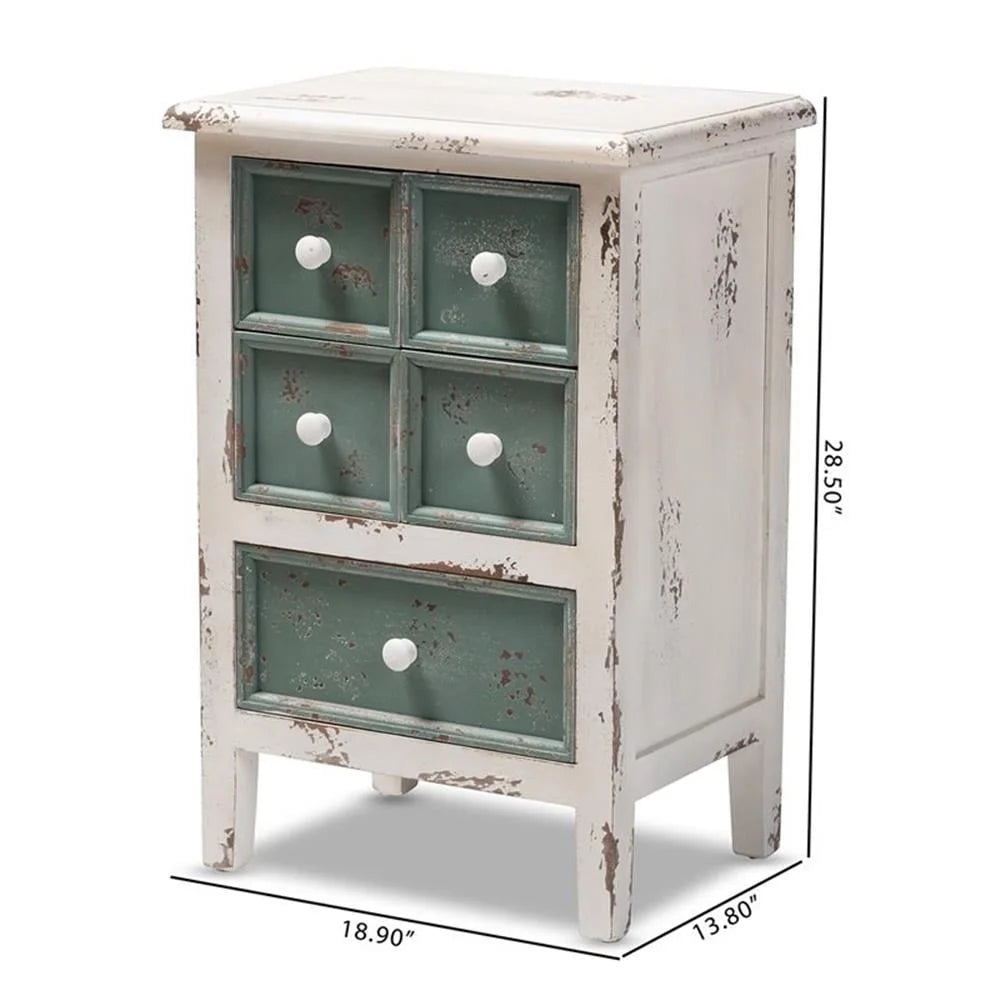 Vintage Distressed Wood 5-Drawer Chest Shabby Chic Accent Storage Organizer Teal White Finish Living Room Entryway