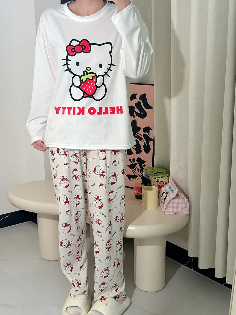 Hello Kitty Cartoon Girl Long Sleeved T Shirt Home Clothes Set Anime Sanrio Print Kawaii Spring Autumn New Trousers Pajama Sweet