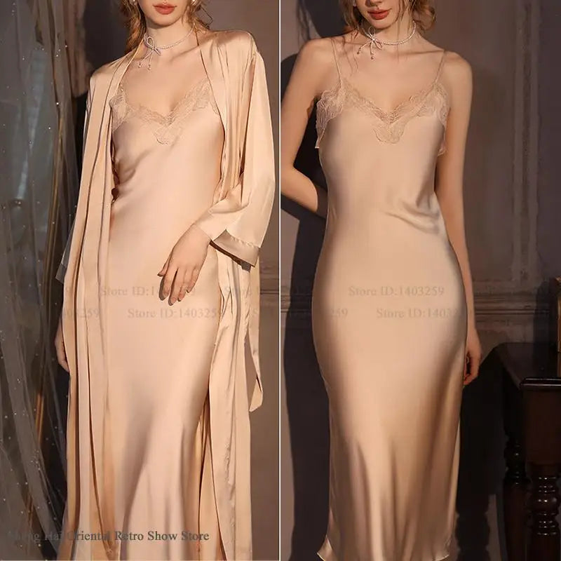 Elegant Female Twinset Robe Set Long Kimono Bathrobe Gown Sexy Lace Nightgown Lingerie Spring Autumn New Sleepwear Home Dress