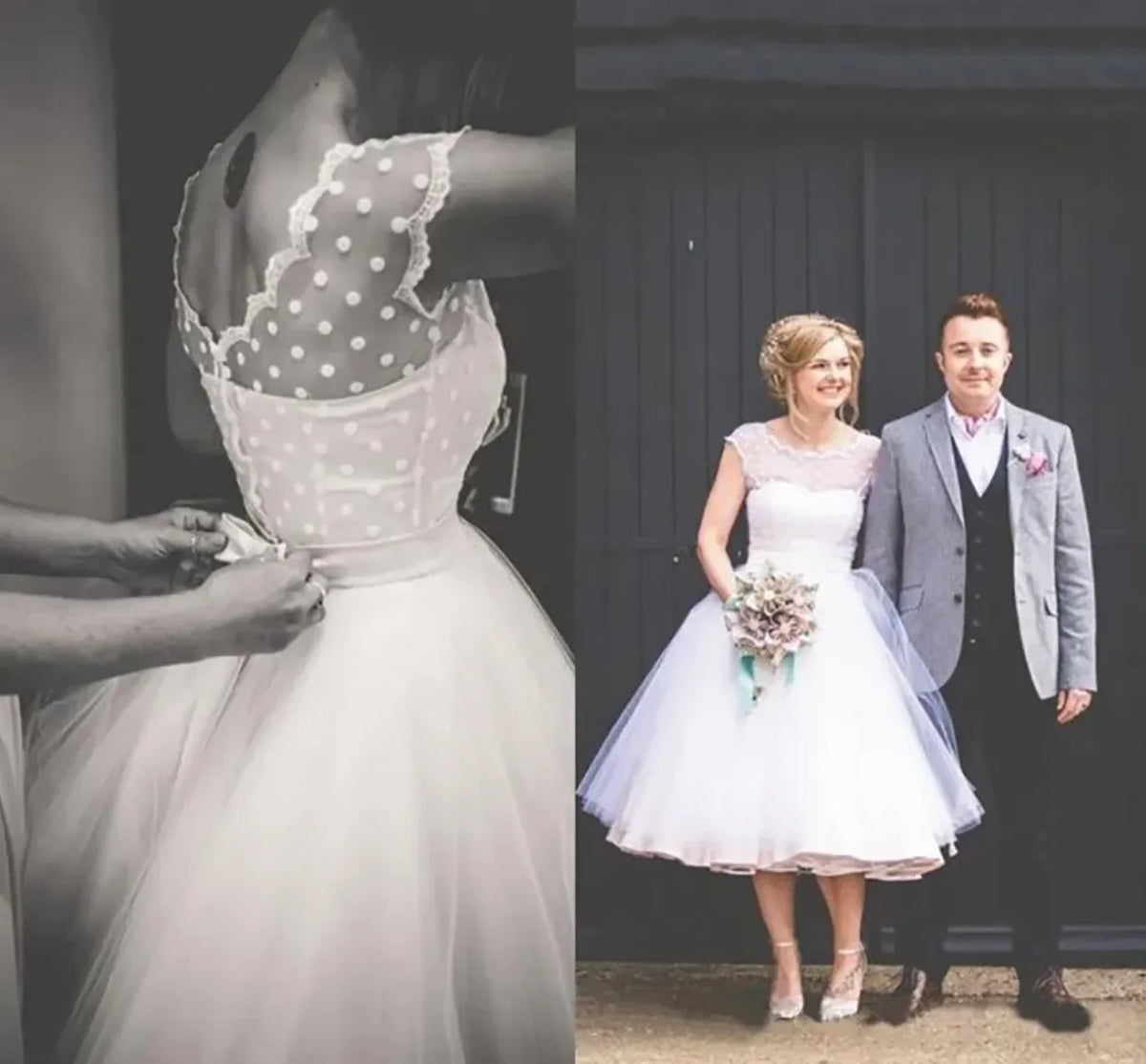 Vintage Polka Dot Tulle Bridal Gown Tea Length Short Beach Wedding Dress with Cap Sleeves And Ruched Backless Design