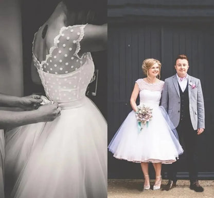 Vintage Polka Dot Tulle Bridal Gown Tea Length Short Beach Wedding Dress with Cap Sleeves And Ruched Backless Design