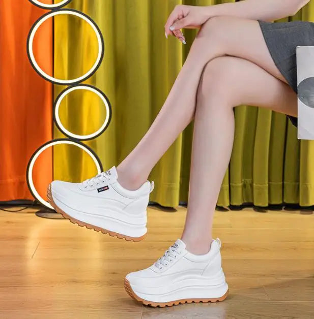 8CM Heel Sneakers Genuine Leather White Platform Sneakers for Women Chunky Platform Women New Fashion Sneaker Shoes Wedge Heel