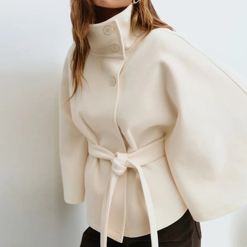 Stand Collar Sashes Patchwork Jackets, Women Autumn Winter Batwing Sleeve Chic Coats, 2025 Loose Holiday Solid Cloak Streetwear