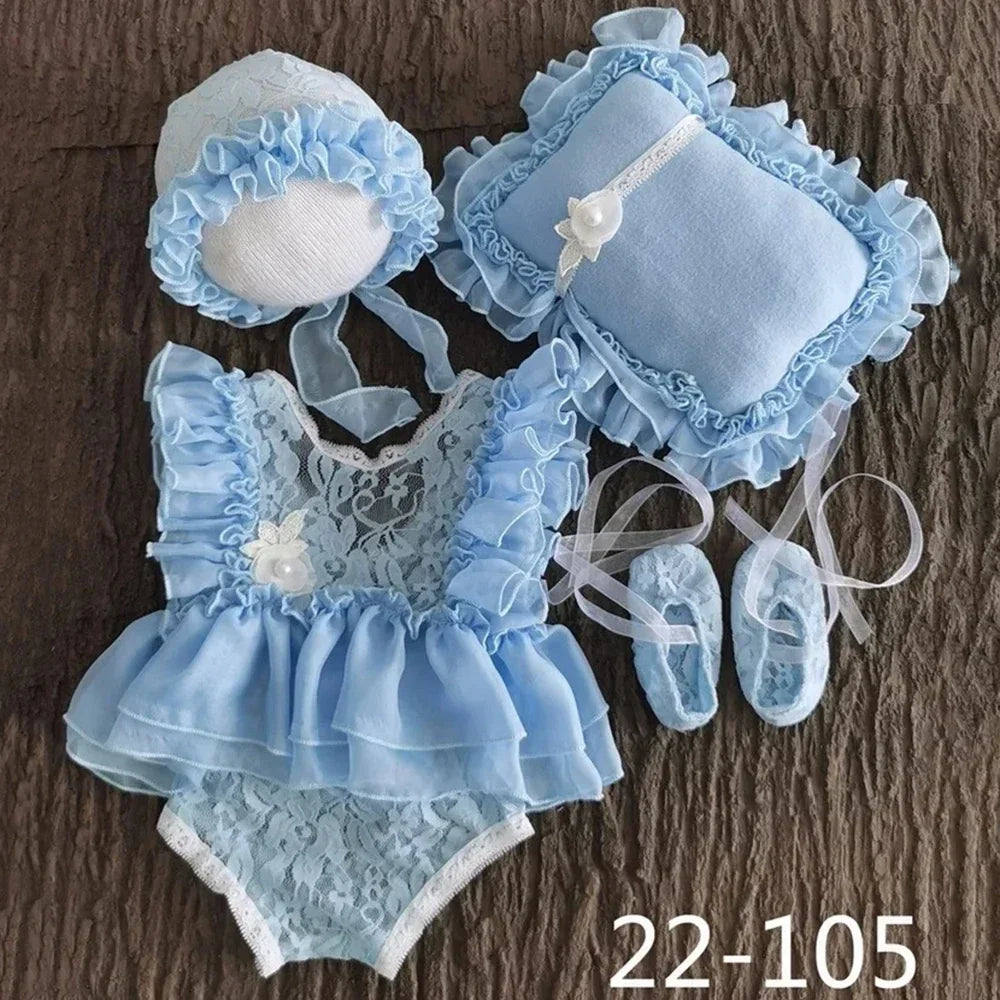 Baby Photography Clothes Cute Princess Style Lace Hat+Posing Pillow+Romper+Shoes Sets Decor Newborn Photoshoot Accessories