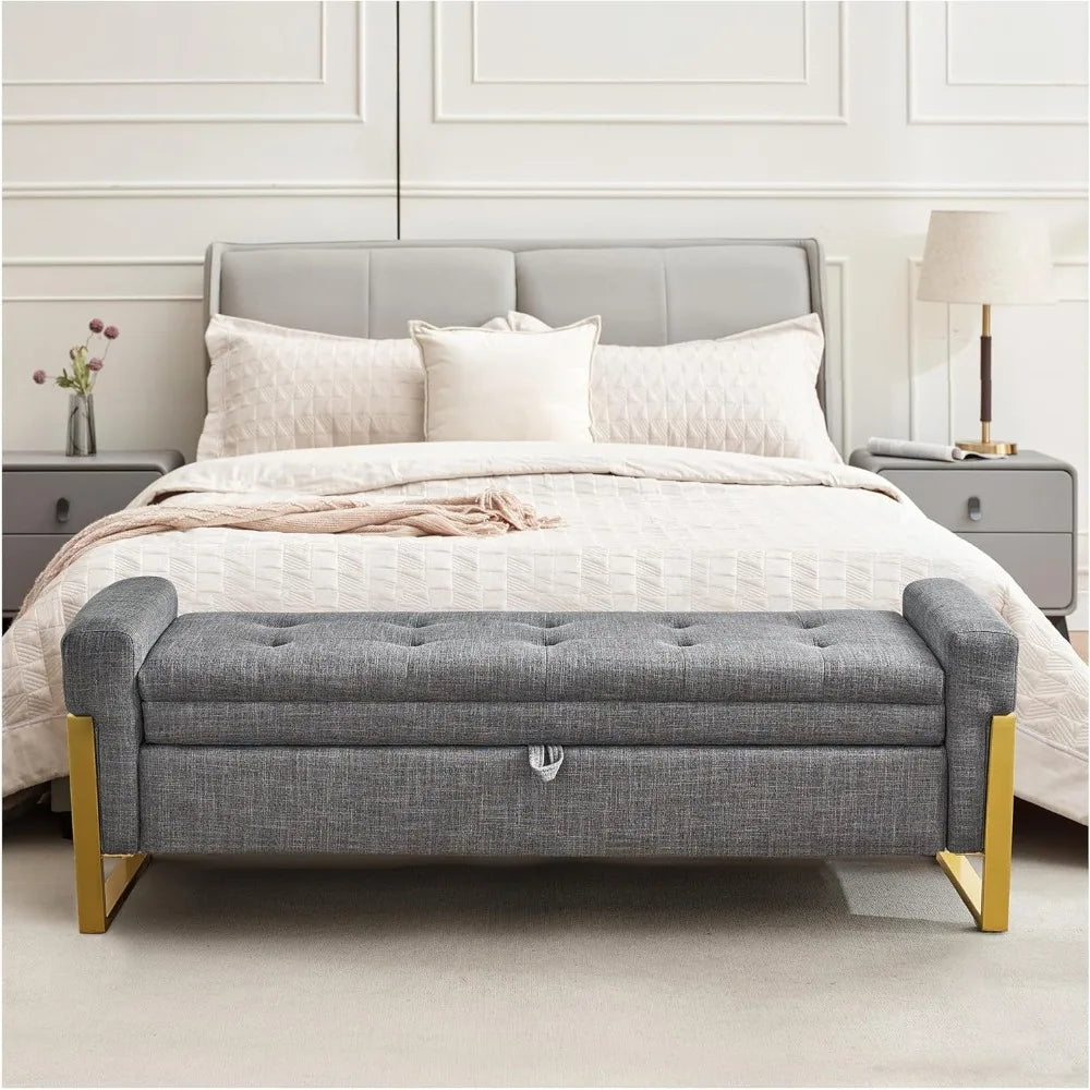 Storage Ottoman Bench, Upholstered PU Leather End of Bed Bench with Tufted Button&Gold Metal Legs for Bedroom