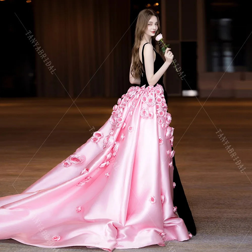 Spaghetti Straps Satin Mermaid Wedding Dress With Detachable 3D Flowers Long Train Elegant Backless Bridal Party Dress TSWD453