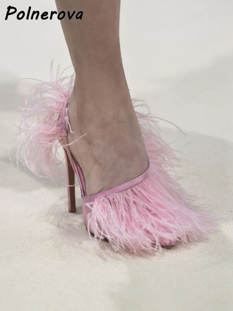 Satin Surround Feather Fringe Sandals Pointy Toe Solid Pointy Toe Stiletto Shoes Red Orange Black Summer Shallow Runway Shoes