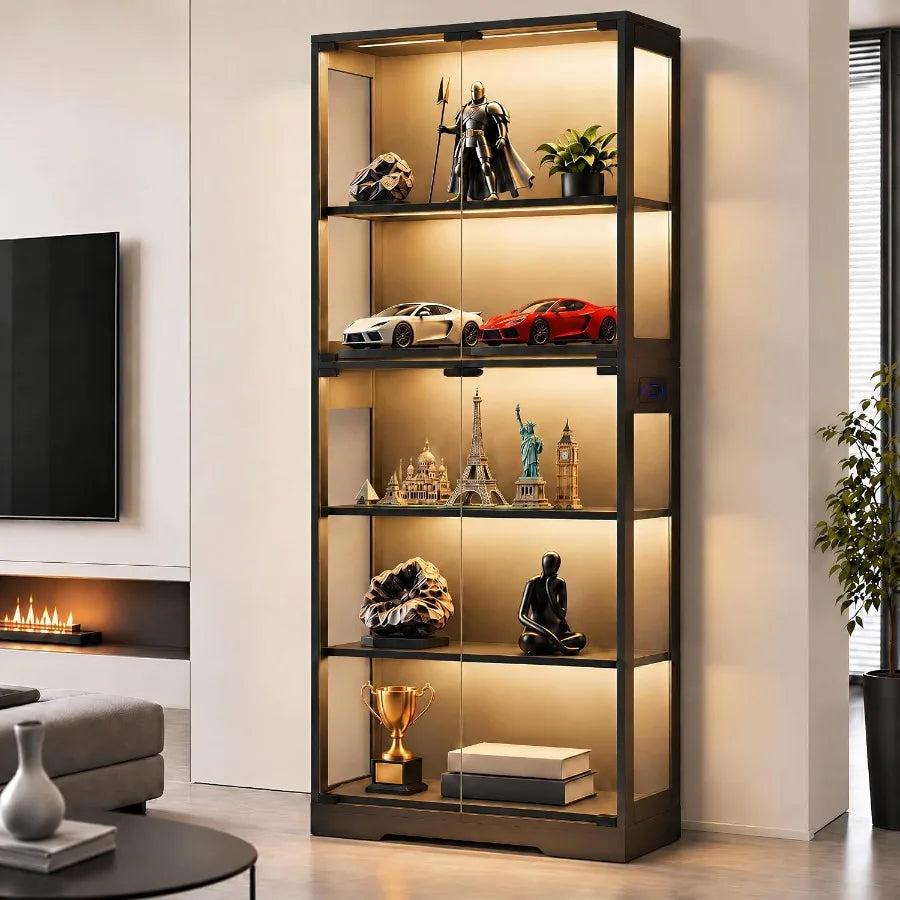 65 Display Cabinet for Living Room, Tempered Glass Doors LED Lights, Black Finish, Space-Saving Design