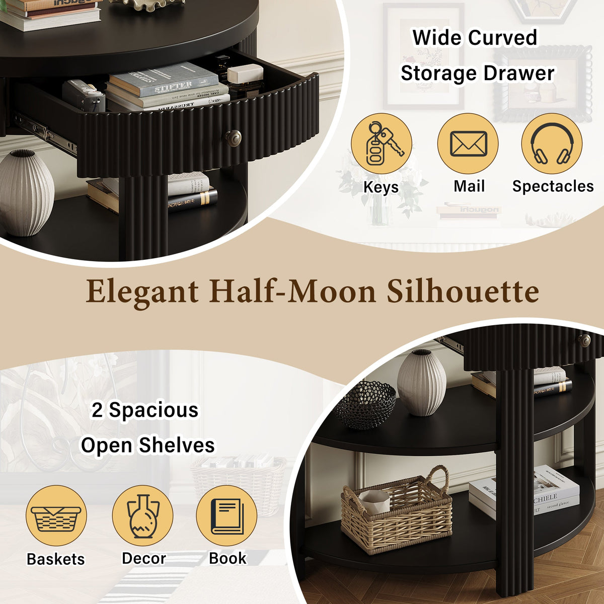 Fluted Half Moon Console Table with Drawer and 2 Shelves for Entryway,