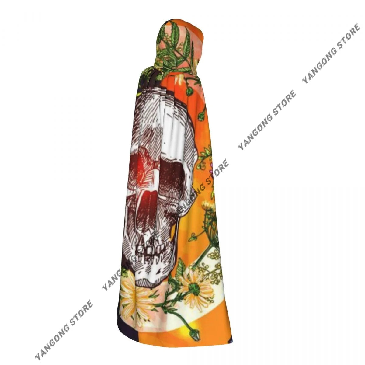 Boho Style Skull And Flowers Hooded Cloak Coat Halloween Cosplay Costume Vampire Devil Wizard Cape Gown Party