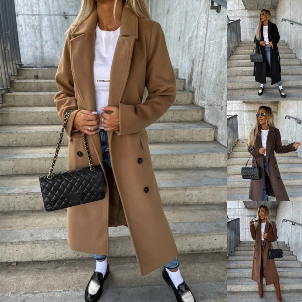 Double-breasted Lapel Split Jacket With Belt Winter Fashion Casual