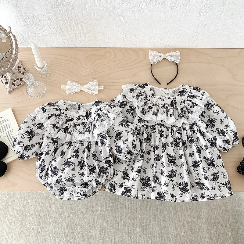 Little Sister Big Sister Matching Floral Print Outfit Cotton Twins Baby Cute Clothes Infant Flower Bodysuit Kids Girls Dresses