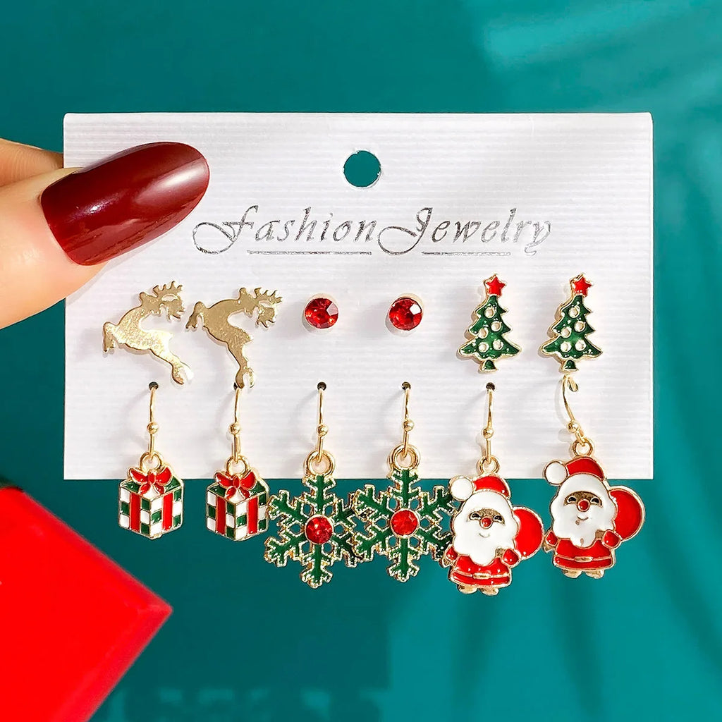 6 Pairs New Christmas Set Cross border Hot Selling Cartoon Dripping Oil Elk Santa Claus Christmas Tree Earrings for Women