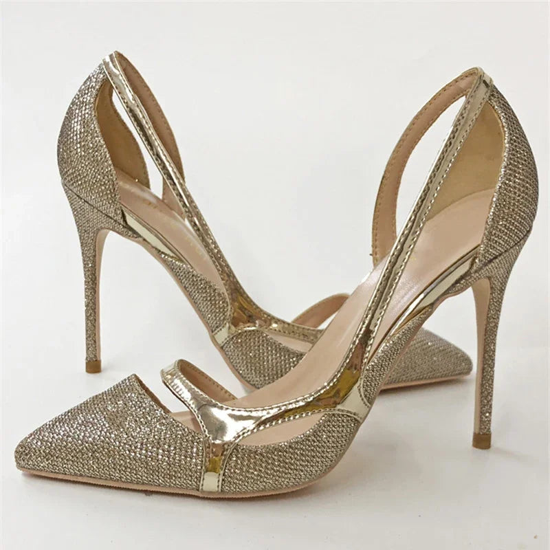 Veowalk 12cm 10cm Gold Glitter Women Sexy D'Orsay High Heels Ladies Bride Wedding Shoes Shiny Sparkle Pointed Toe Stiletto Pumps