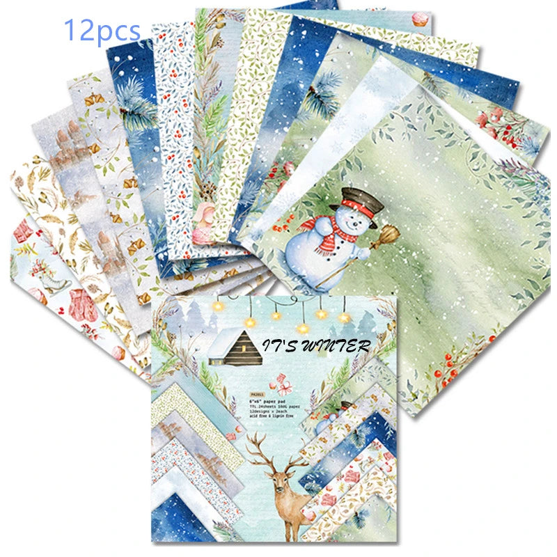 12/24 Vintage Scrapbooking Papers 6 inch Christmas Winter Design Pattern Paper for DIY Album Scrapbook Junk Journal Supplies