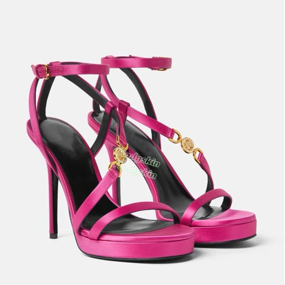 Blue Suede Metal Buckle Women Sandals Platform Round Open Toe Ankle Strap Buckle Thin High Heels Slingback Women Stilettos