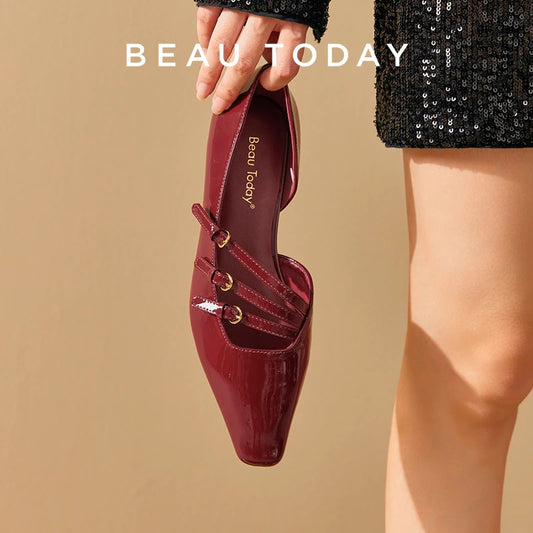 BEAUTODAY Pumps Women Patent Leather Pointed Toe Buckle Straps Shallow Mary Janes Summer Ladies Party Shoes Handmade 30096