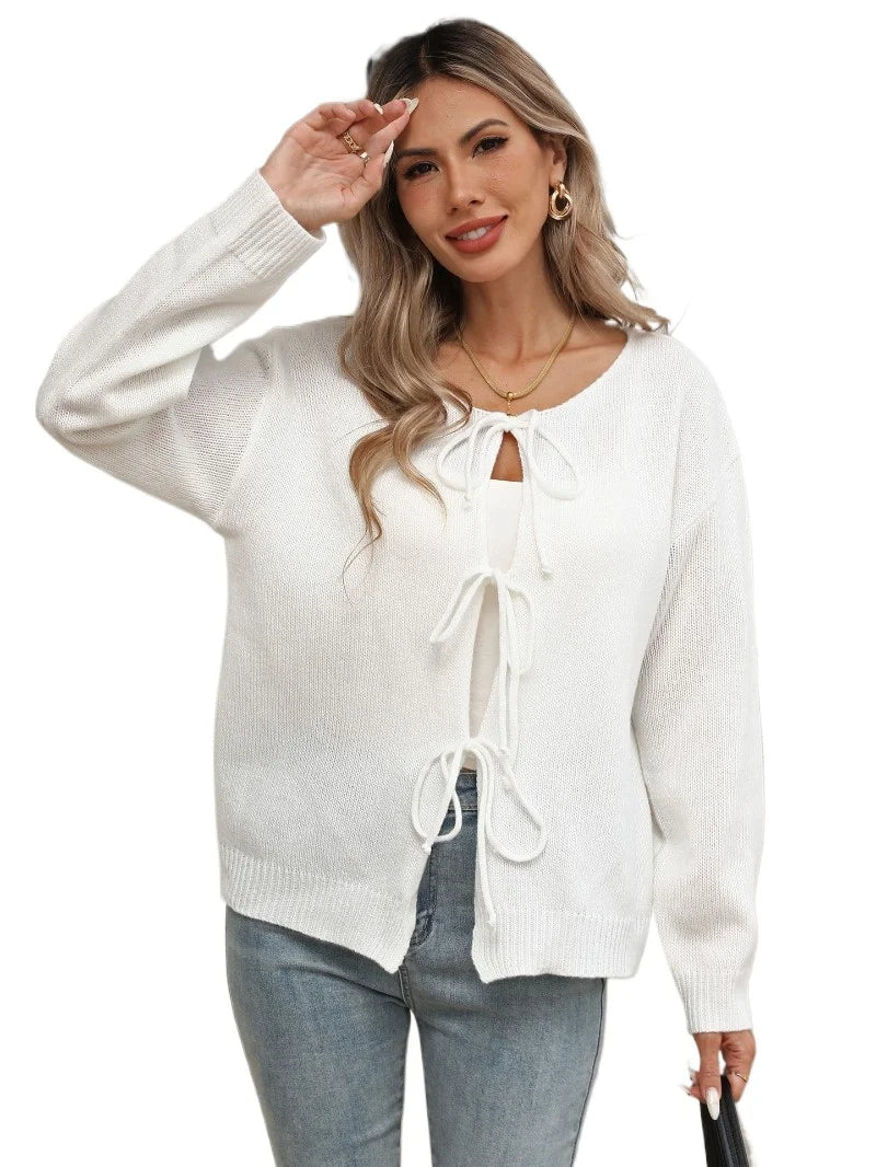 Elegant Women's Knit Cardigan with Decorative Bow Round Neck Casual Long Sleeve Cover Up Soft Chunky Sweater Coat