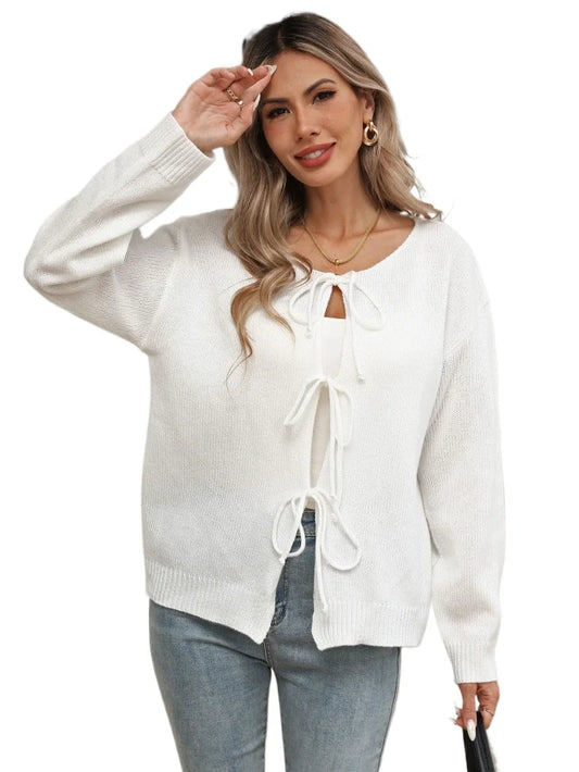 Elegant Women's Knit Cardigan with Decorative Bow Round Neck Casual Long Sleeve Cover Up Soft Chunky Sweater Coat